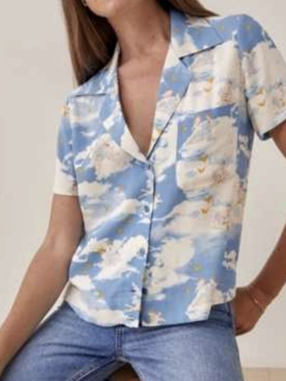 Reformation Cuba print Blue Clouds Angles Short Sleeve Shirt